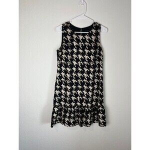 J Crew Dress Womens 4 Black Cream Houndstooth Silk Sleeveless Ruffle Hem Party